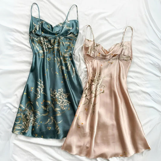 Laydena Satin Nightdress — Botanical Print Sleepwear with Adjustable Straps