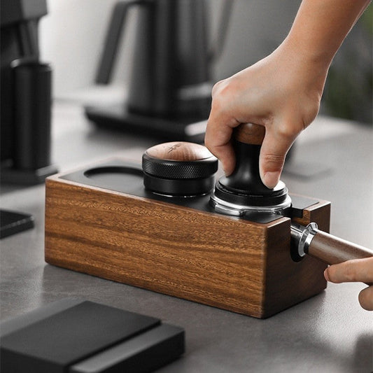 Barizio — Walnut Espresso Tamping Station with Silicone-Lined Slots