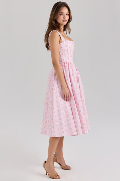 Elara Rose Dress — Pink Floral Midi Dress with Corset and Tulle Skirt