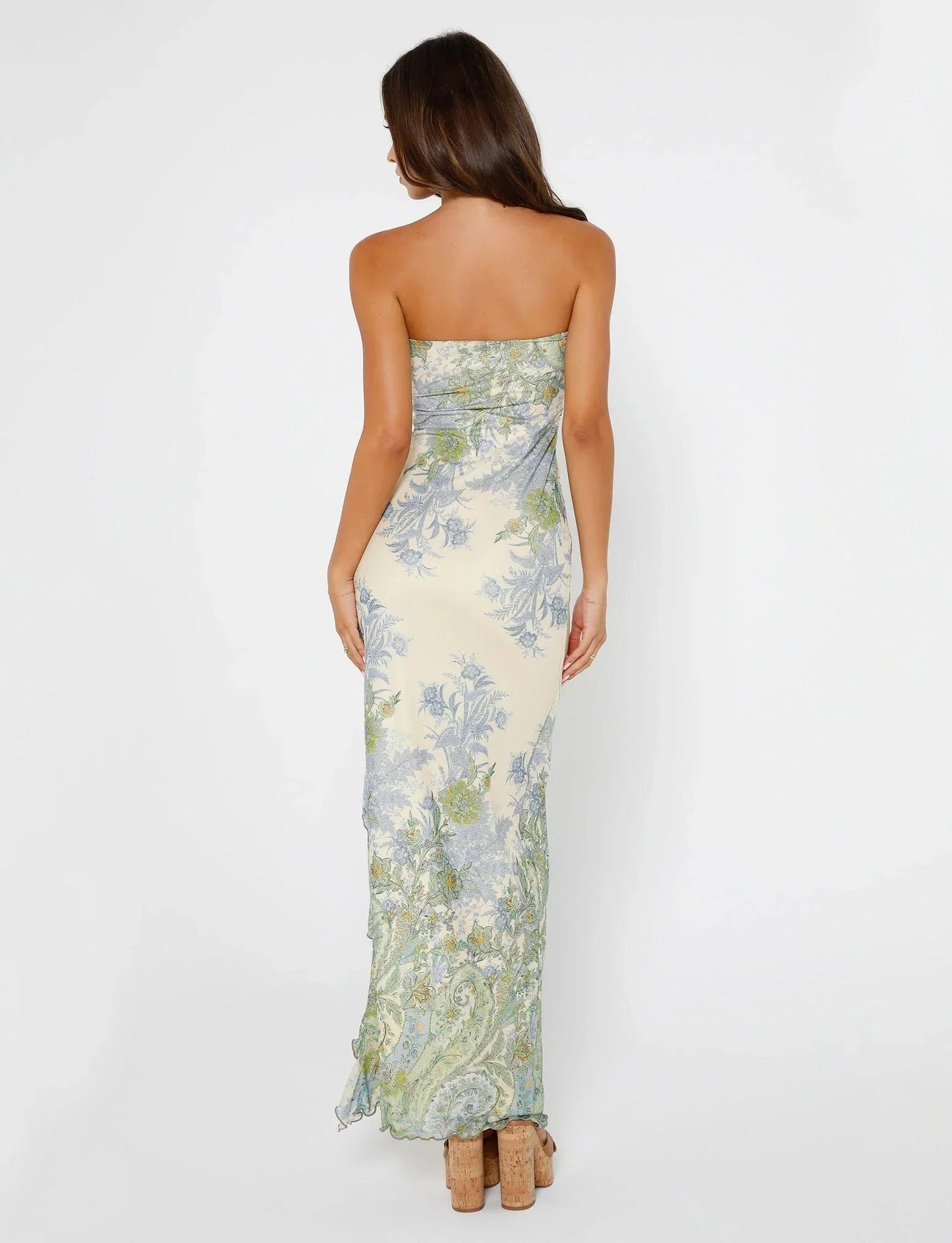 Elara Maxi Dress — Strapless Floral Ruched Dress with Ruffle Slit
