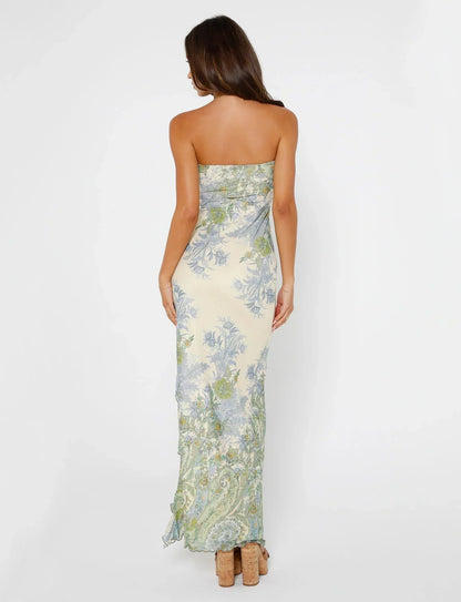 Elara Maxi Dress — Strapless Floral Ruched Dress with Ruffle Slit
