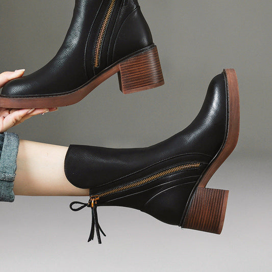 Vessara Vegan Leather Block-Heel Boots — Comfortable Zippered Fall Footwear