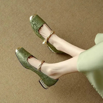 Aloria Silk Pumps — Vintage Style with Pearl Strap and Low Heel