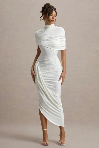 Arlenza — Backless Maxi Dress with Ruched Waist and Turtleneck
