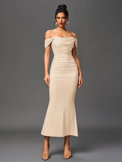 Vexira Off Shoulder Ruched Zipper Back Bodycon Dress