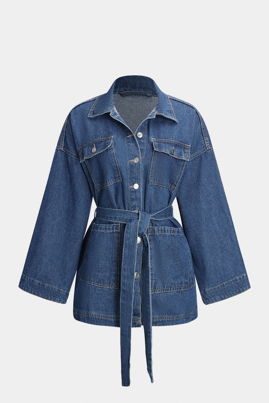 Vela — Tailored Denim Jacket with Waist Tie and Flared Sleeves