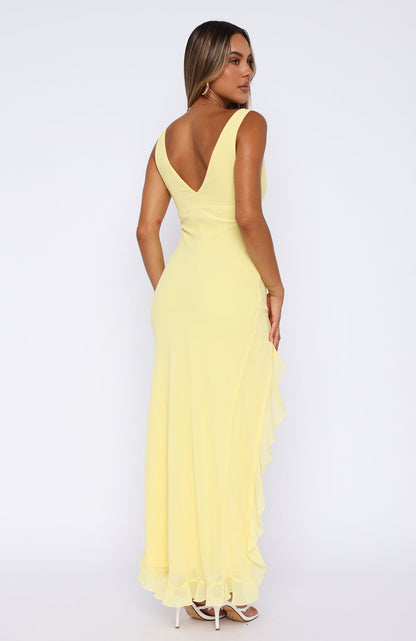 Sophina — Elegant Maxi Dress with Plunge Neckline and Frill Hem