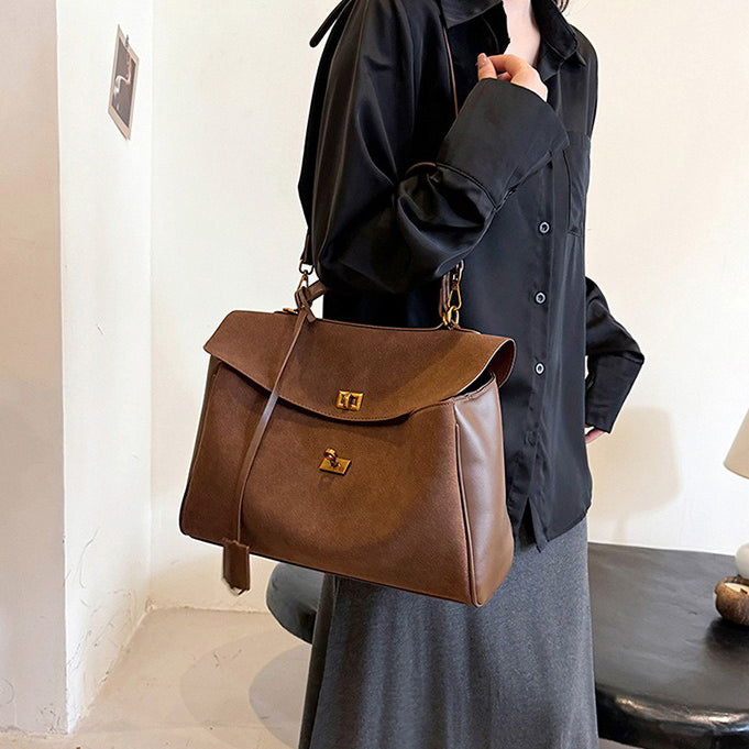 Liora Tote — Faux Suede Shoulder Bag with Turn Lock Closure