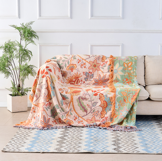 Liora — Boho Floral Cotton Throw Blanket with Textured Fringe
