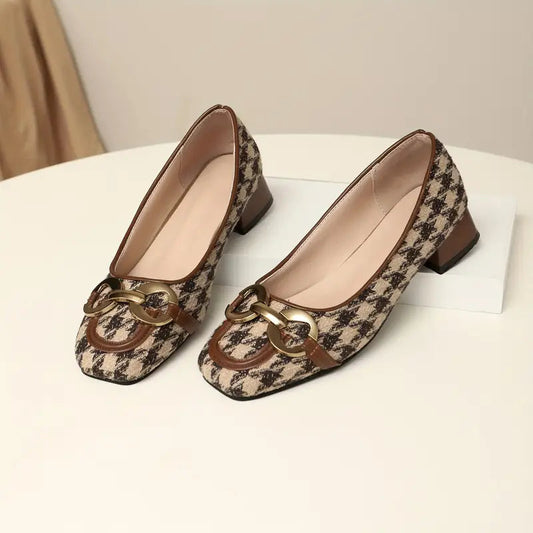 Blakewood Loafers — Houndstooth Tweed Shoes with Gold Buckle and Low Heel