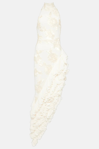 Liora — Floral Appliqué Maxi Dress with Sheer Layers