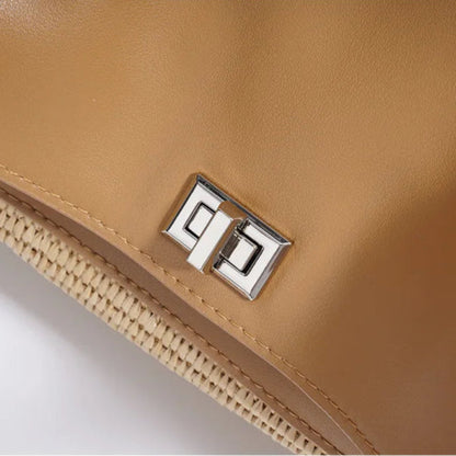 Lena — Handwoven Raffia and Leather Handbag with Turn Clasp Lock