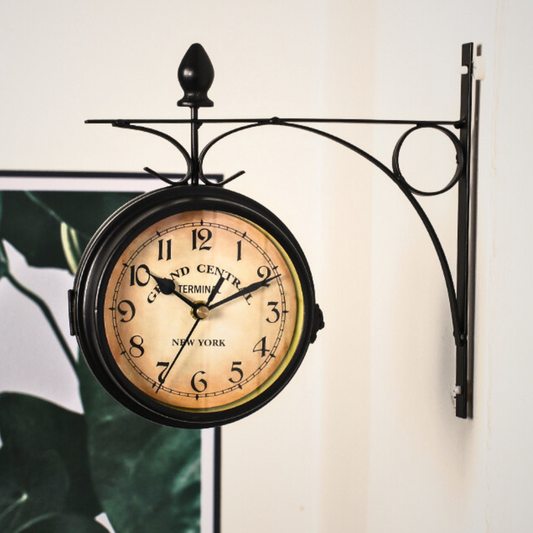 Harlen — Vintage Double-Sided Wall Clock with Wrought Iron Bracket