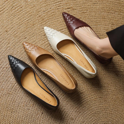 Emara Woven Leather Pumps — Genuine Leather Pointed Toe with Comfortable Wedge Heel