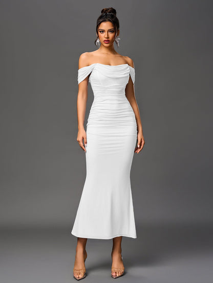 Vexira Off Shoulder Ruched Zipper Back Bodycon Dress