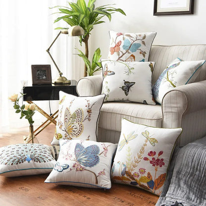 Liora — Embroidered Butterfly Cushion Cover in Cotton-Linen Blend
