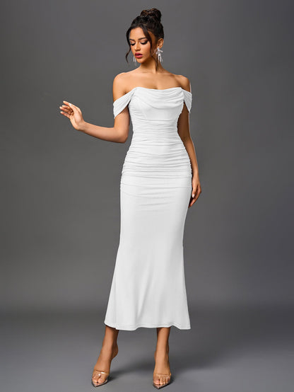 Vexira Off Shoulder Ruched Zipper Back Bodycon Dress