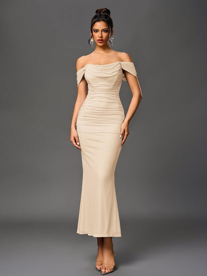 Vexira Off Shoulder Ruched Zipper Back Bodycon Dress
