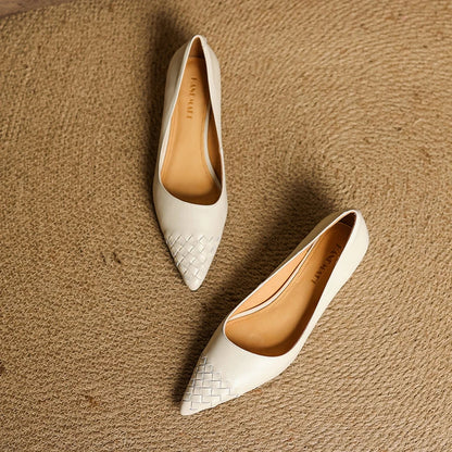 Emara Woven Leather Pumps — Genuine Leather Pointed Toe with Comfortable Wedge Heel