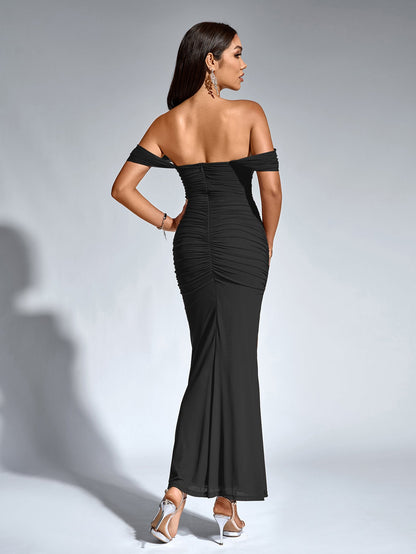 Vexira Off Shoulder Ruched Zipper Back Bodycon Dress