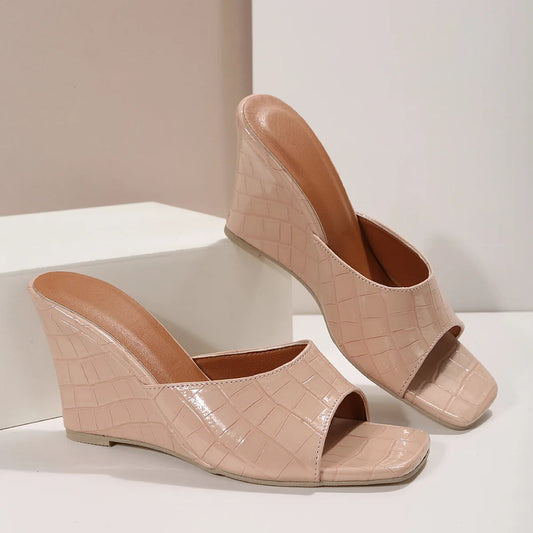 Liora — Croc-Embossed Wedge Mules with Open Square Toe