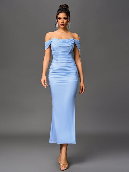 Vexira Off Shoulder Ruched Zipper Back Bodycon Dress