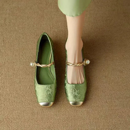 Aloria Silk Pumps — Vintage Style with Pearl Strap and Low Heel