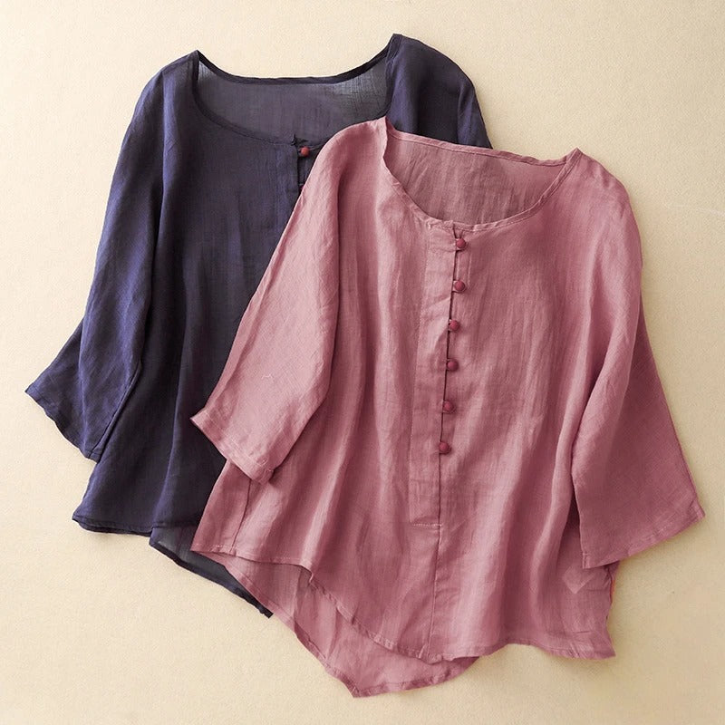 Norla — Lightweight Linen Blouse with Soft Pleats and Fabric Buttons