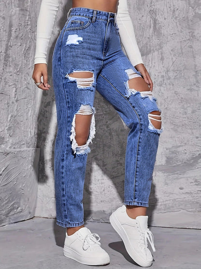 Maren Distress — High-Rise Straight Leg Denim Jeans