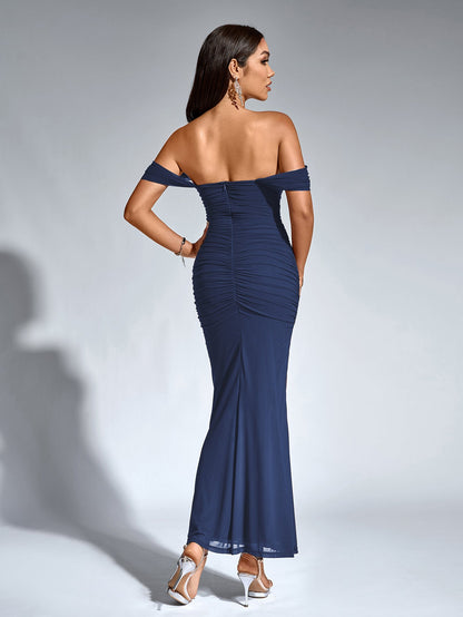 Vexira Off Shoulder Ruched Zipper Back Bodycon Dress