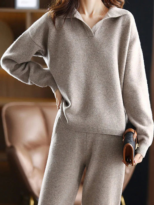 Liora — Cashmere Blend Polo Knit Two-Piece Set for Comfort