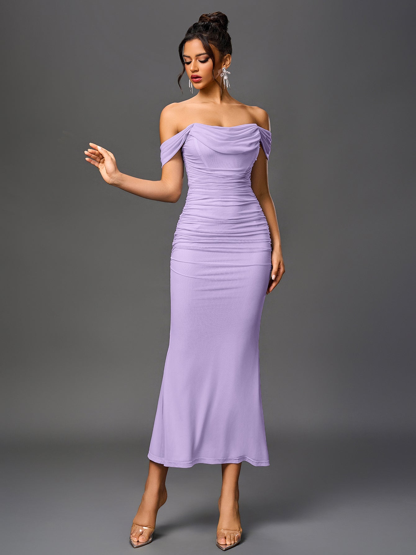 Vexira Off Shoulder Ruched Zipper Back Bodycon Dress
