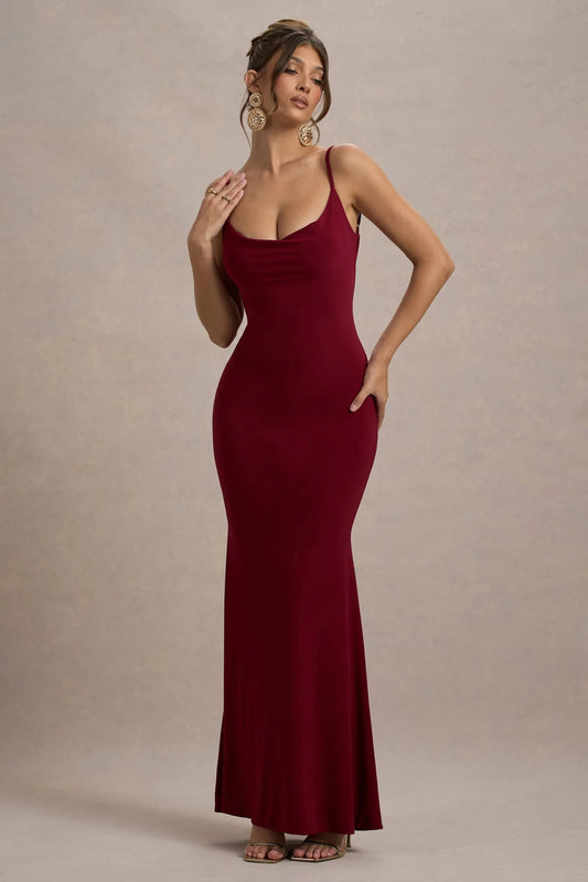 Evrenna — Elegant Lace-Back Cowl Neck Maxi Dress for Formal Events