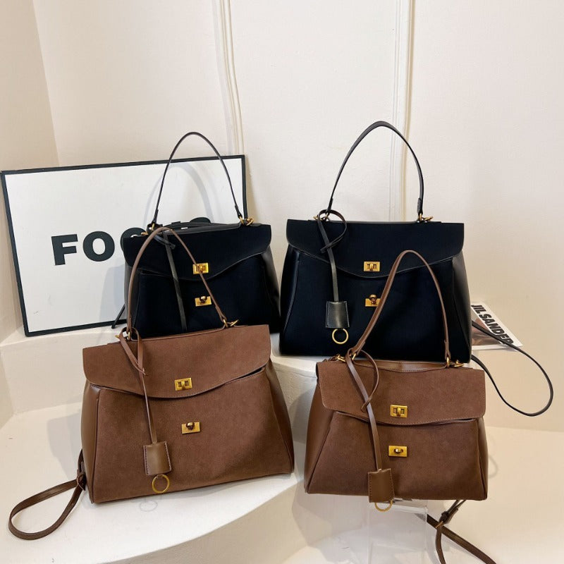 Liora Tote — Faux Suede Shoulder Bag with Turn Lock Closure