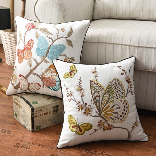 Liora — Embroidered Butterfly Cushion Cover in Cotton-Linen Blend