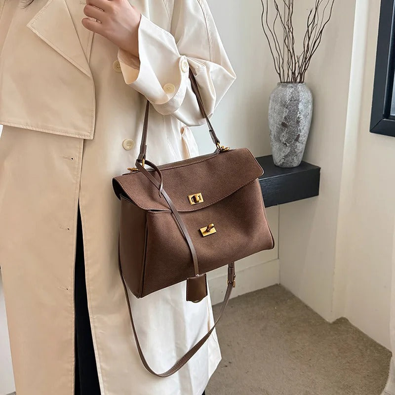 Liora Tote — Faux Suede Shoulder Bag with Turn Lock Closure