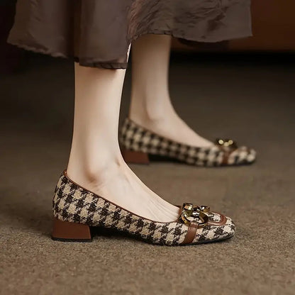 Blakewood Loafers — Houndstooth Tweed Shoes with Gold Buckle and Low Heel