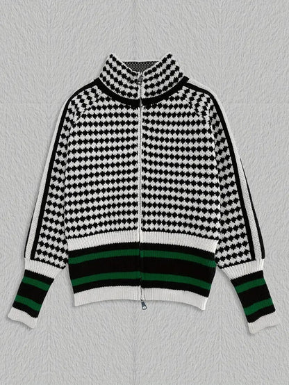 Zevran — Houndstooth Knit Sweater with Full Zip and High Collar
