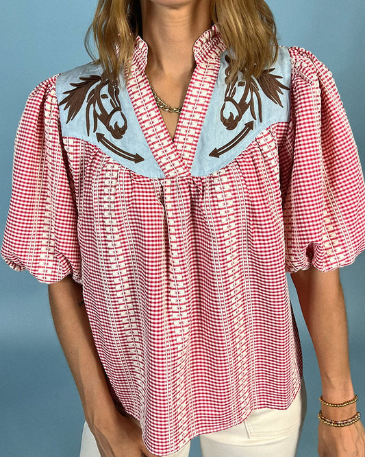 Lumea — Cotton Blend Puff Sleeve Top with Horse Embroidery