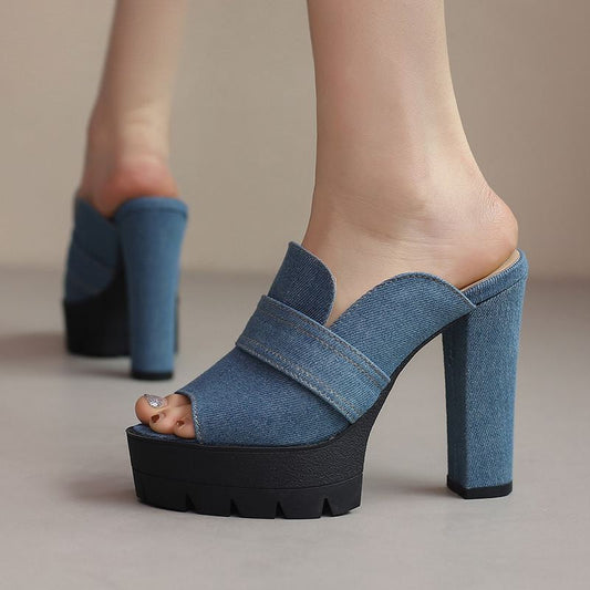 Norla Chunky Heel Denim Sandals — Raw Denim Open-Toe Comfort Heels