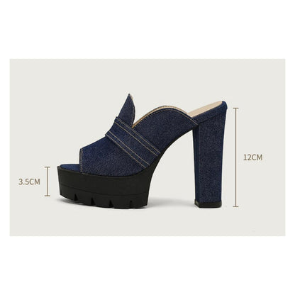 Norla Chunky Heel Denim Sandals — Raw Denim Open-Toe Comfort Heels