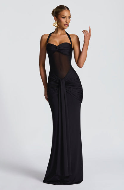 Liora — Sheer Mesh Bodycon Maxi Dress with Ruched Waist
