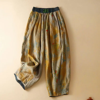 Marnell — Lightweight Linen Floral Pants with Elastic Waistband