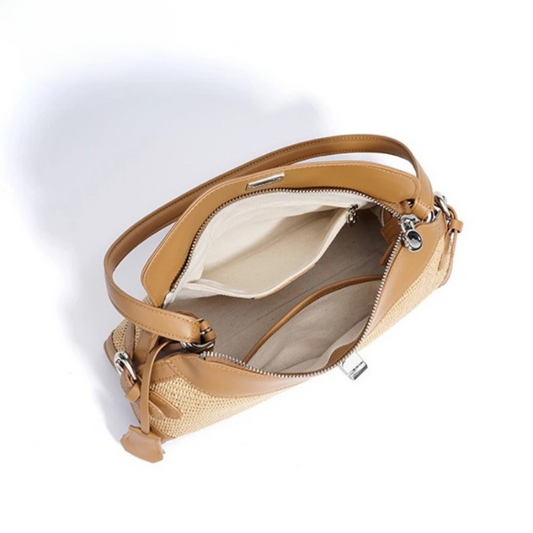 Lena — Handwoven Raffia and Leather Handbag with Turn Clasp Lock