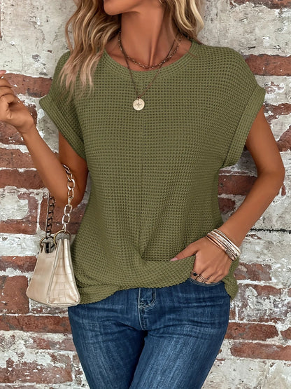 Liora Twist-Front Top — Women's Soft Knit Waffle Shirt with Sculpted Hem