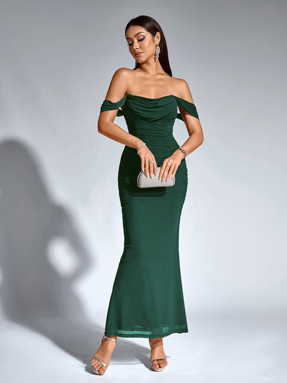 Vexira Off Shoulder Ruched Zipper Back Bodycon Dress