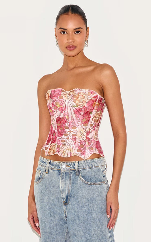 Pink Textured Sheer Floral Lace Corset™ — Ignite Every Room with Unstoppable Glamour and Confidence