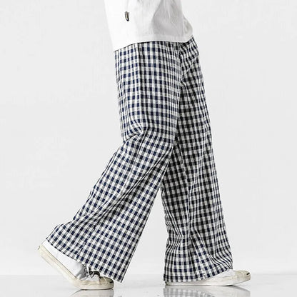 Larkford — Vintage Wide-Leg Check Trousers with Elastic Waistband
