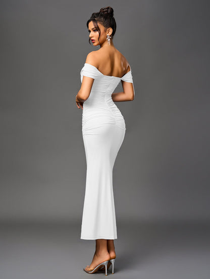 Vexira Off Shoulder Ruched Zipper Back Bodycon Dress