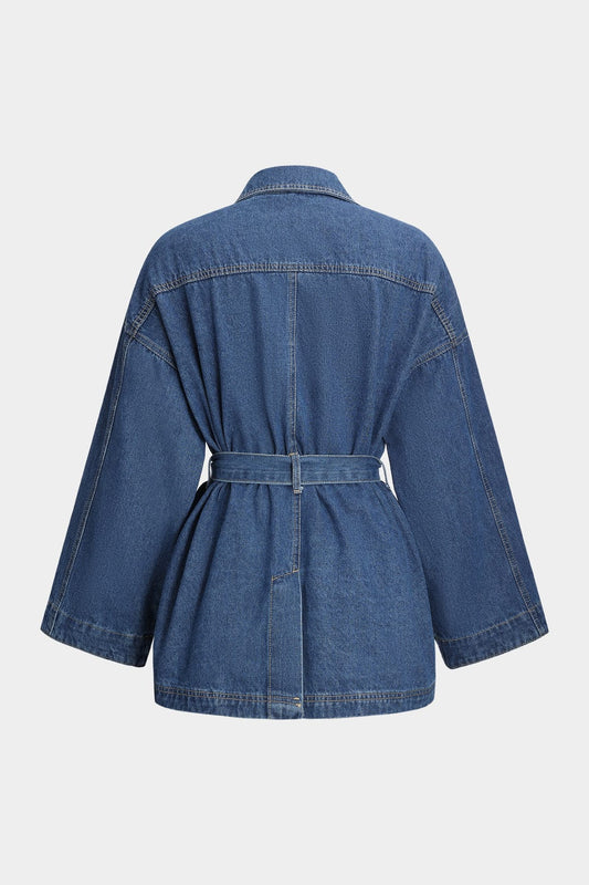 Vela — Tailored Denim Jacket with Waist Tie and Flared Sleeves